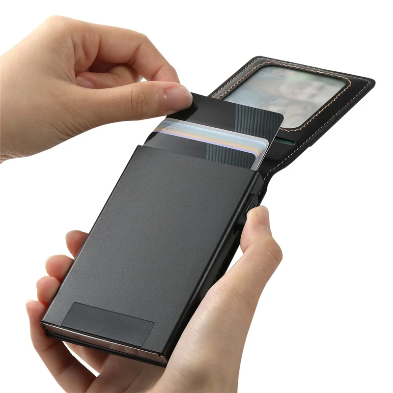 SUTENI Magnetic Card Holder Large Capacity Waxed Texture Leather 8 Card Slots Case - Black