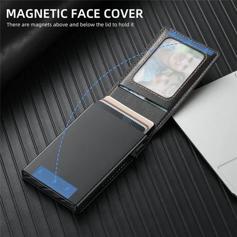 SUTENI Magnetic Card Holder Large Capacity Waxed Texture Leather 8 Card Slots Case - Black