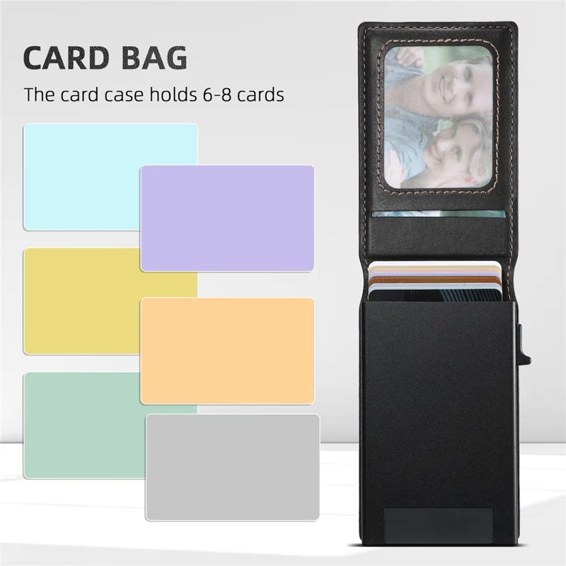 SUTENI Magnetic Card Holder Large Capacity Waxed Texture Leather 8 Card Slots Case - Black