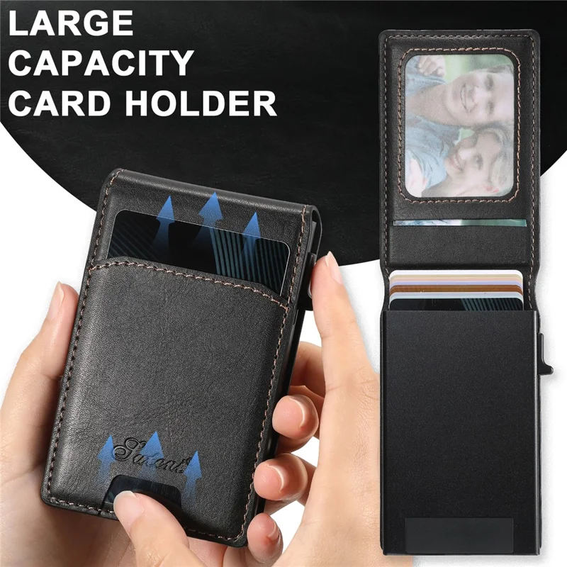 SUTENI Magnetic Card Holder Large Capacity Waxed Texture Leather 8 Card Slots Case - Black