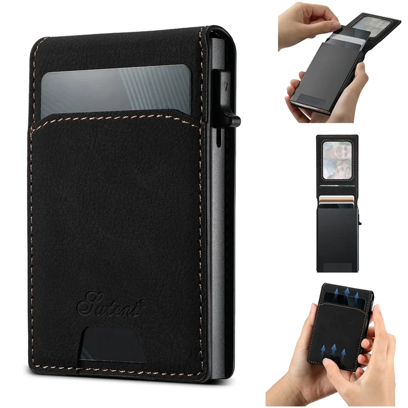 SUTENI Magnetic Card Holder Large Capacity Litchi Texture Leather 8 Card Slots Case - Black