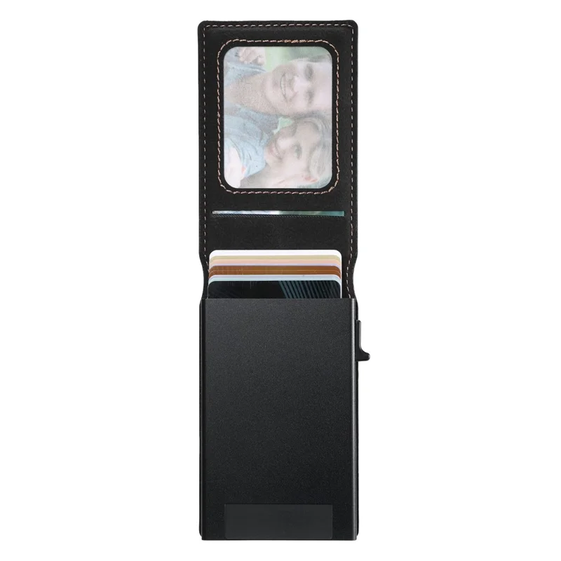 SUTENI Magnetic Card Holder Large Capacity Litchi Texture Leather 8 Card Slots Case - Black