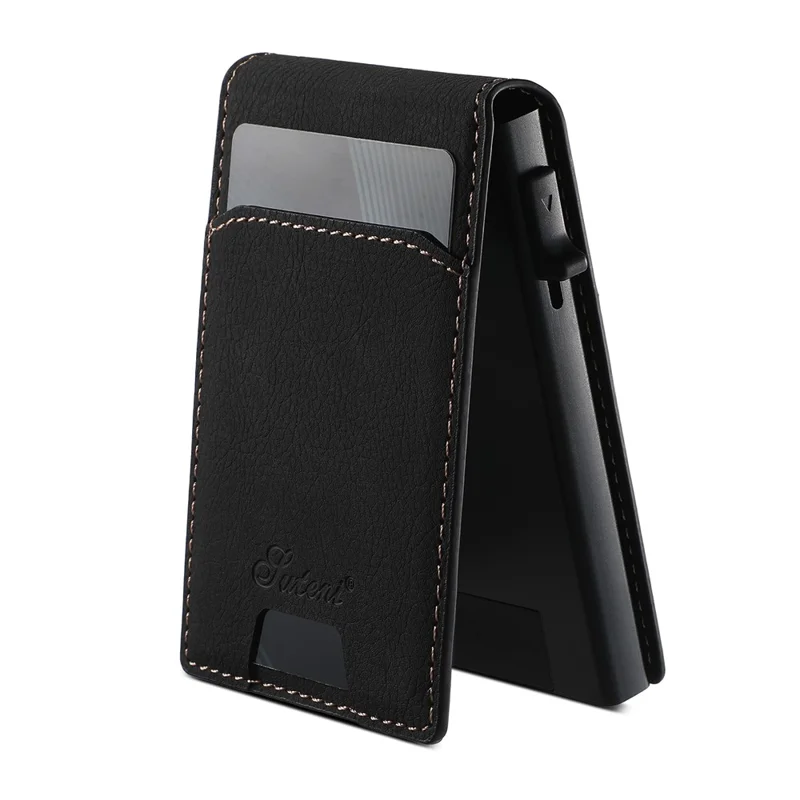 SUTENI Magnetic Card Holder Large Capacity Litchi Texture Leather 8 Card Slots Case - Black