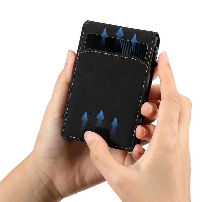 SUTENI Magnetic Card Holder Large Capacity Litchi Texture Leather 8 Card Slots Case - Black