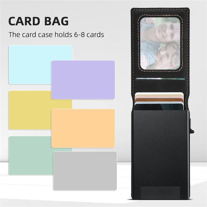 SUTENI Magnetic Card Holder Large Capacity Litchi Texture Leather 8 Card Slots Case - Black