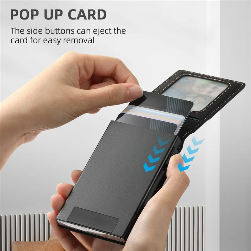 SUTENI Magnetic Card Holder Large Capacity Litchi Texture Leather 8 Card Slots Case - Black