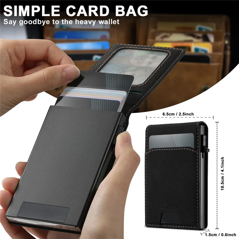 SUTENI Magnetic Card Holder Large Capacity Litchi Texture Leather 8 Card Slots Case - Black
