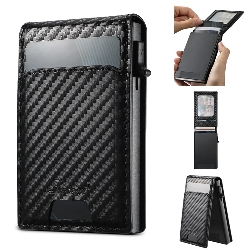 SUTENI Magnetic Card Holder Large Capacity Carbon Fiber Texture Leather 8 Card Slots Case - Black