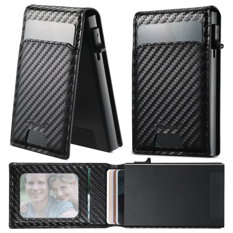 SUTENI Magnetic Card Holder Large Capacity Carbon Fiber Texture Leather 8 Card Slots Case - Black