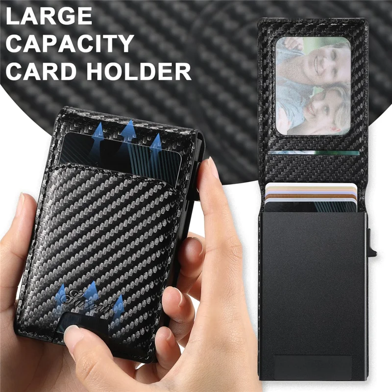 SUTENI Magnetic Card Holder Large Capacity Carbon Fiber Texture Leather 8 Card Slots Case - Black