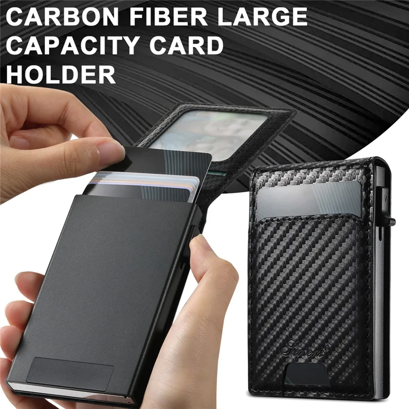 SUTENI Magnetic Card Holder Large Capacity Carbon Fiber Texture Leather 8 Card Slots Case - Black