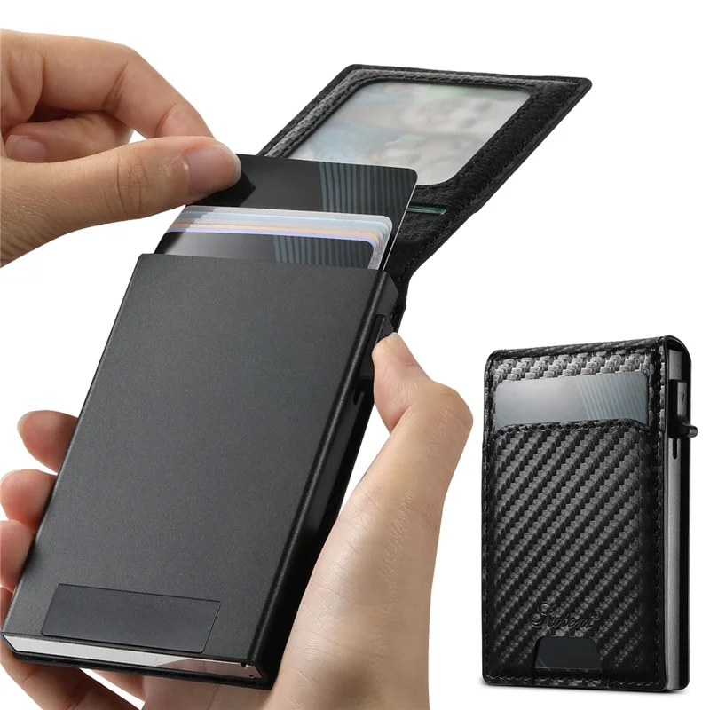 SUTENI Magnetic Card Holder Large Capacity Carbon Fiber Texture Leather 8 Card Slots Case - Black