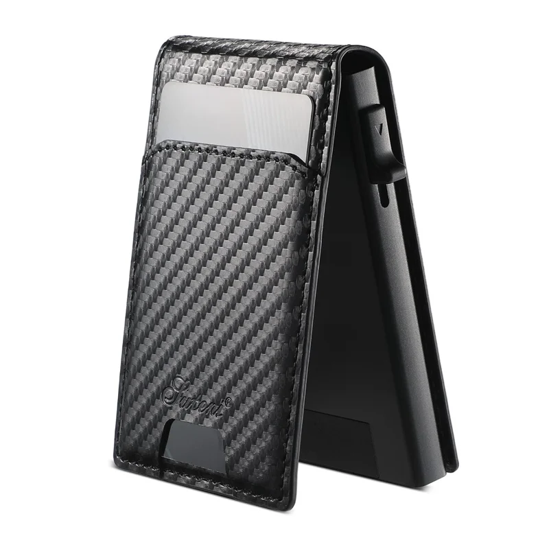 SUTENI Magnetic Card Holder Large Capacity Carbon Fiber Texture Leather 8 Card Slots Case - Black