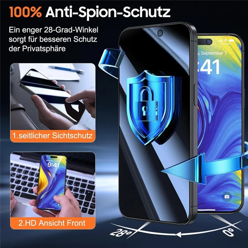 2Pcs For iPhone 14 Pro Max Screen Protector Anti Spy High Aluminium Silicon Glass Film with Dust Removal Tool