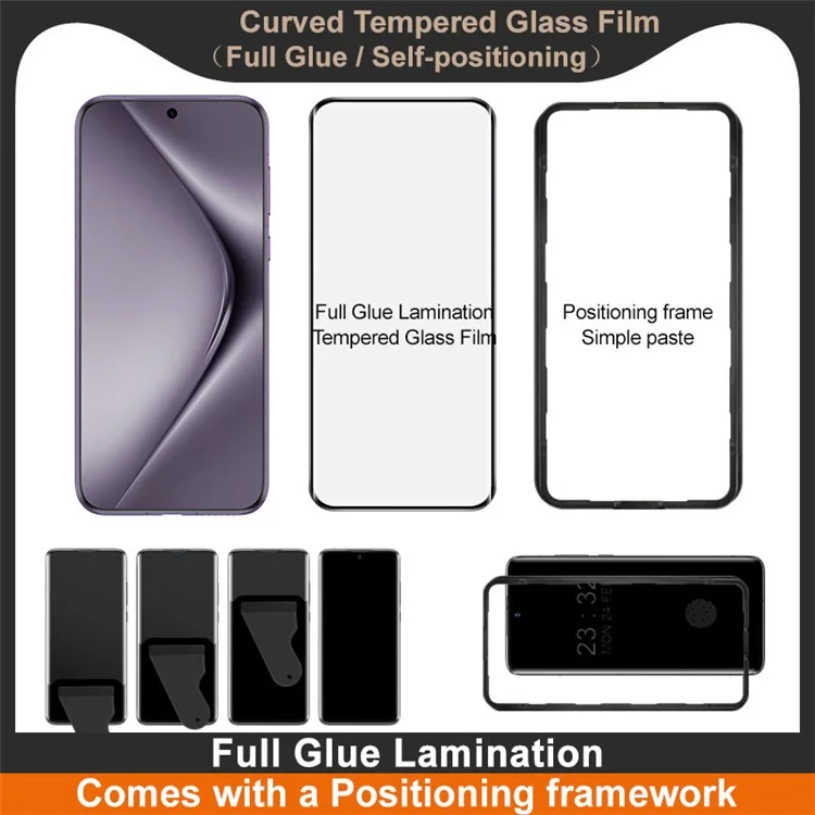 Protetor de Tela IMAK para Huawei Pura 70 Pro / Pura 70 Pro+ / Pura 70 Ultra Película de Vidro Temperado 3D Curvado com Moldura de Posicionamento, Cola Completa