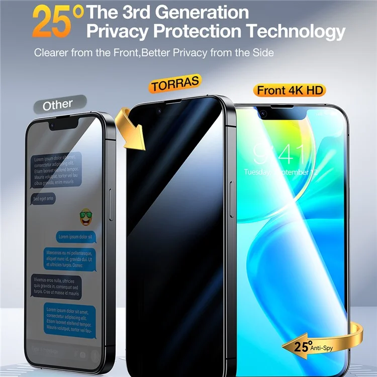 TORRAS Glassgo 2Pcs For iPhone 16e Anti Spy Screen Protector Tempered Glass Private Film with Auto-Align Frame