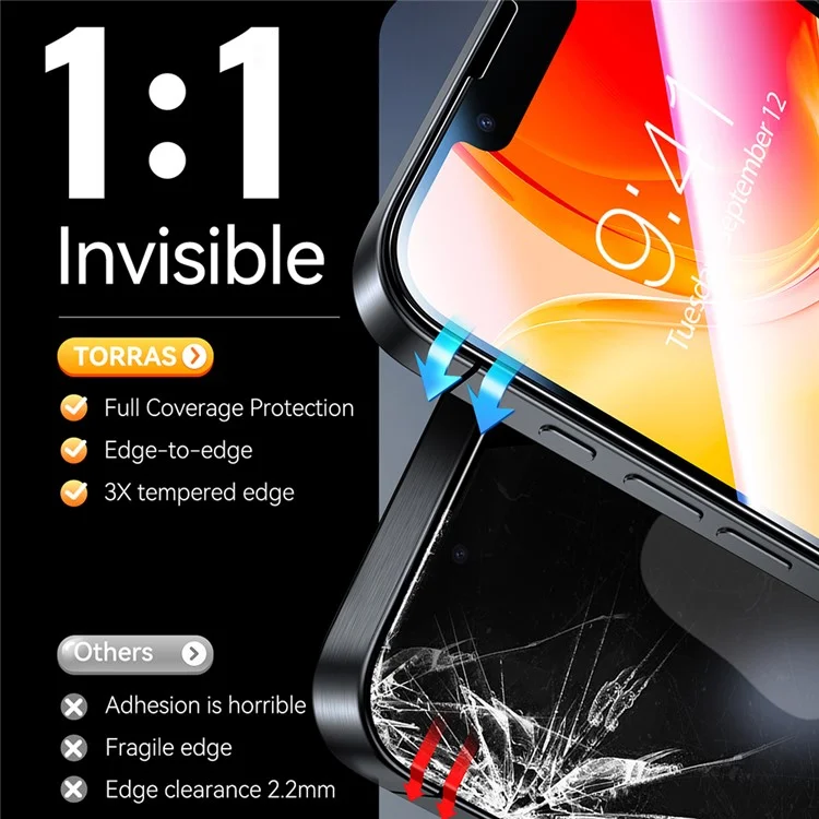 TORRAS Glassgo 2 Pièces Protection d'écran en Verre Trempé HD pour iPhone 16e avec Cadre d'Auto-Alignement
