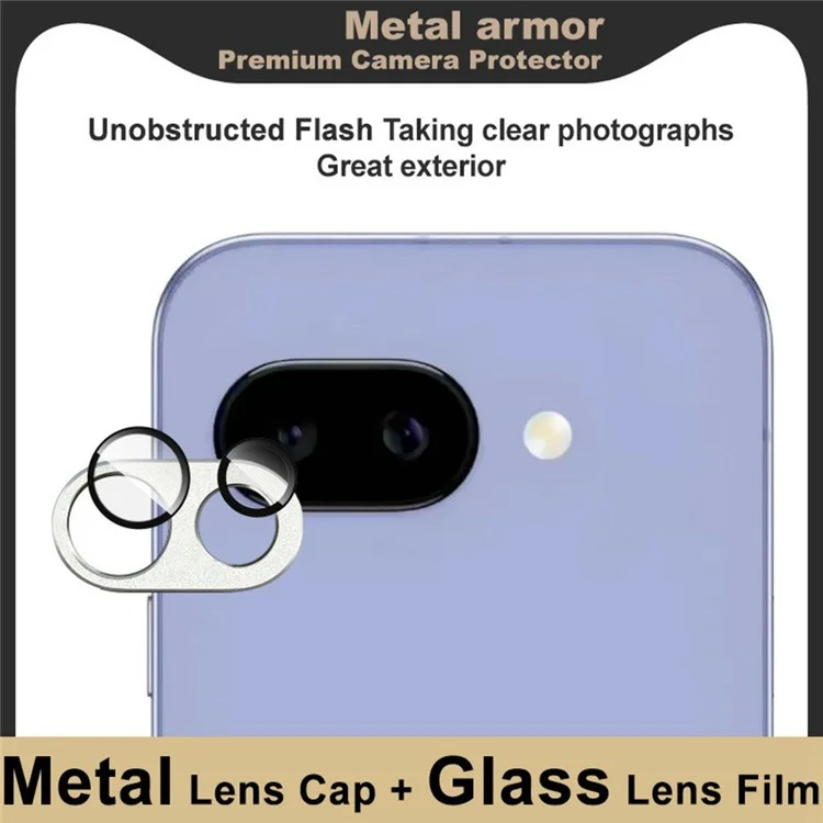 IMAK For Google Pixel 9a Camera Lens Film Metal Lens Cap + Tempered Glass Lens Protector - Silver
