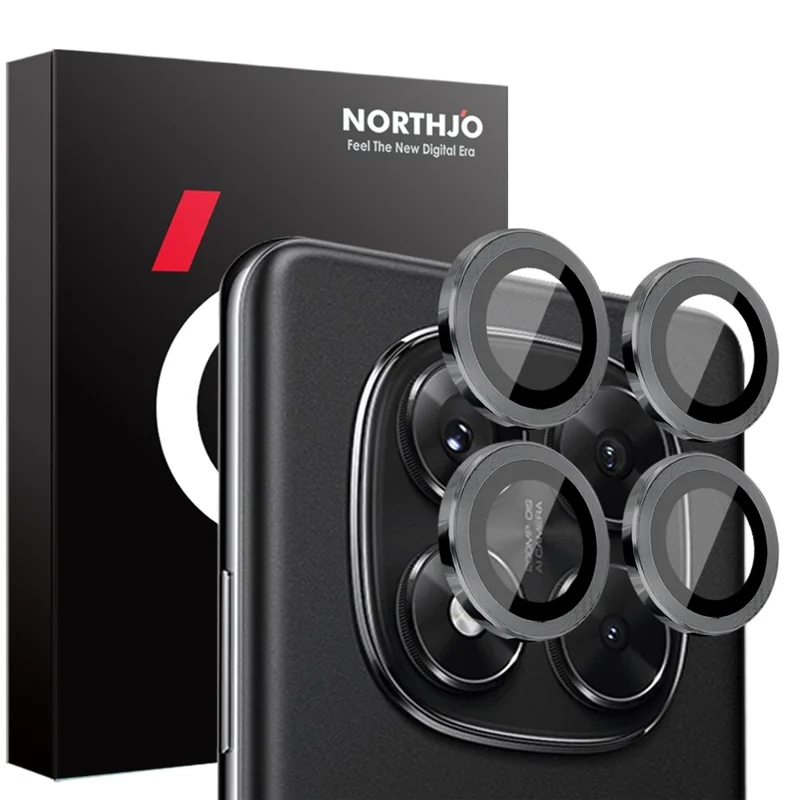 NORTHJO 1 Set For Xiaomi Redmi Note 14 Pro 5G / Poco X7 5G Tempered Glass Camera Lens Film CD Veins Metal Ring Lens Guard - Black