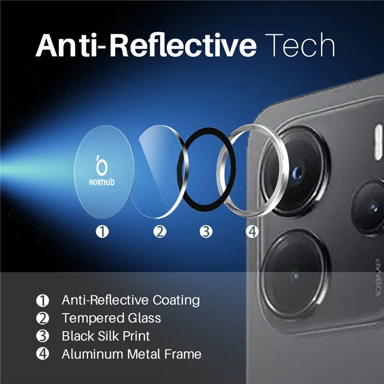 NORTHJO 1 Set For Xiaomi Redmi Note 14 5G Tempered Glass Camera Lens Film CD Veins Metal Ring Lens Guard - Black