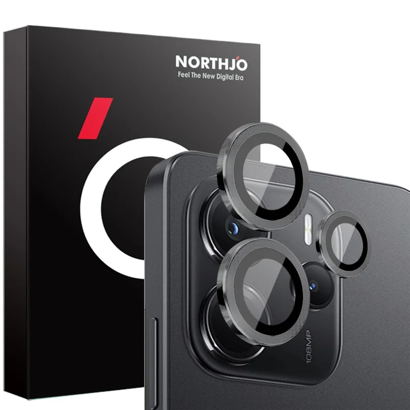 NORTHJO 1 Set For Xiaomi Redmi Note 14 4G (163.25mm) Tempered Glass Camera Lens Film CD Veins Metal Ring Lens Guard - Black