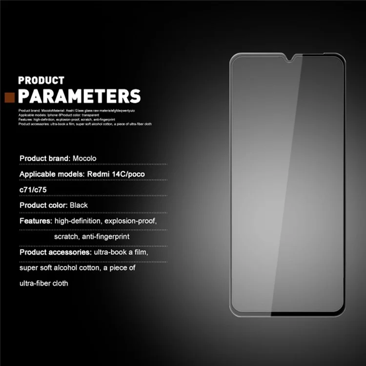 MOCOLO Screen Protector For Xiaomi Poco C71 4G / C75 4G / 5G / Redmi 14C 4G / 14R 5G , Anti-Shatter Silk Printing Tempered Glass Film - Black