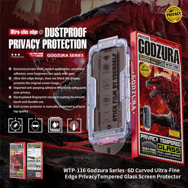 WEKOME WTP-116 Película de Vidro Temperado para iPhone 16 Pro Max com Proteção de Privacidade, Curvatura 6D e Borda Ultra-Fina