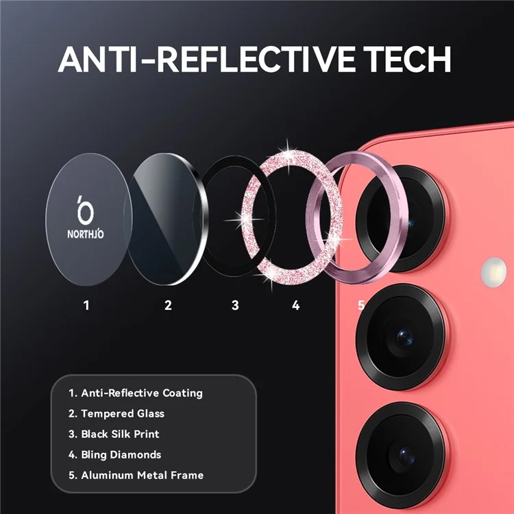 NORTHJO 1 Conjunto de Película de Vidro Temperado para Lente da Câmera + Protetor de Lente Traseira com Glitter Metálico para Samsung Galaxy S25+ - Rosa