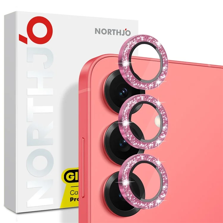 NORTHJO 1 Conjunto de Película de Vidro Temperado para Lente da Câmera + Protetor de Lente Traseira com Glitter Metálico para Samsung Galaxy S25+ - Rosa