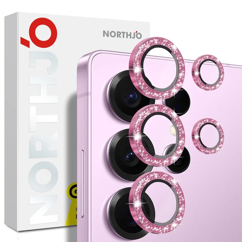 NORTHJO 1 Juego de Película de Protección de Lente de Cámara de Vidrio Templado + Protector de Lente Trasero Metálico con Purpurina - Rosa para Samsung Galaxy S25 Ultra