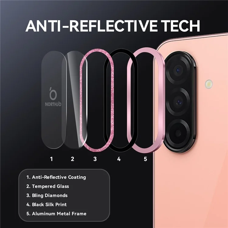 NORTHJO 1 комплект Защитное стекло для камеры Samsung Galaxy A26 5G + Металлическая глиттерная защита заднего объектива - Розовый