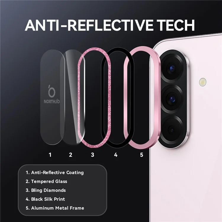 NORTHJO 1 Set Para Samsung Galaxy A36 5G / A56 5G Película de Lente de Cámara Vidrio Templado+Purpurina de Metal Protector de Lente Trasero - Rosa