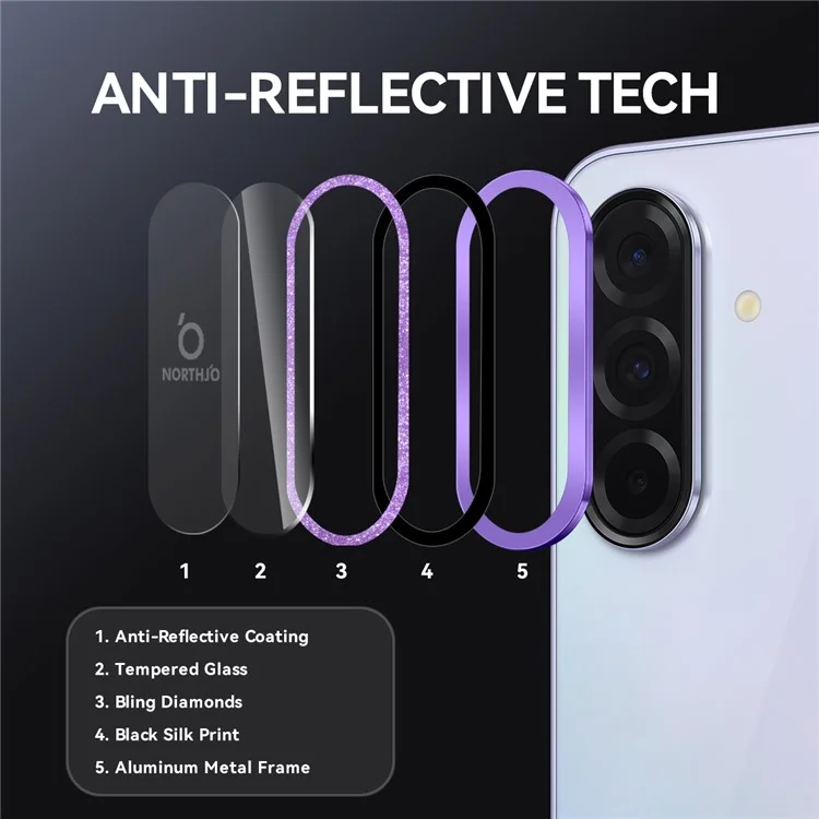 NORTHJO 1 Set Per Samsung Galaxy A36 5G / A56 5G Pellicola Obiettivo Fotocamera Vetro Temperato+Protezione Obiettivo Posteriore in Glitter Metallico - Viola