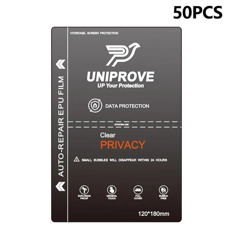 UNIPROVE 50Pcs EPU Hydrogel Screen Protector Self Healing Anti Spy HD Cellphone Film Full Coverage