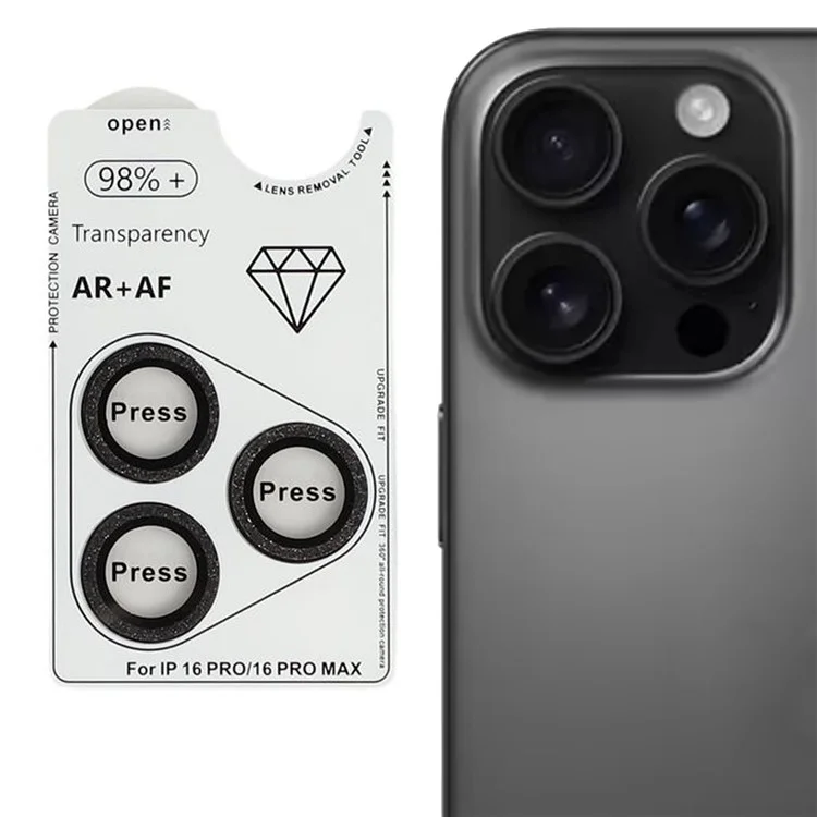For iPhone 16 Pro / 16 Pro Max Camera Lens Protector Glitter Tempered Glass + Metal Lens Film - Black