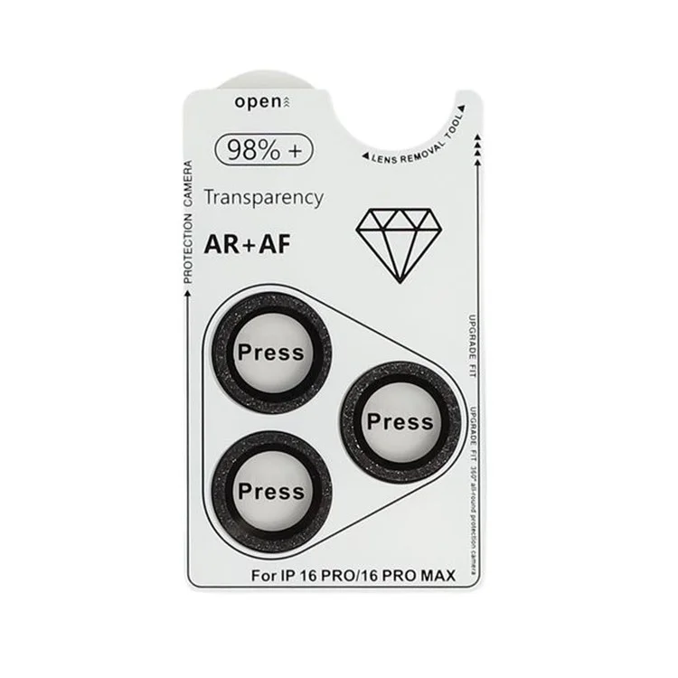For iPhone 16 Pro / 16 Pro Max Camera Lens Protector Glitter Tempered Glass + Metal Lens Film - Black