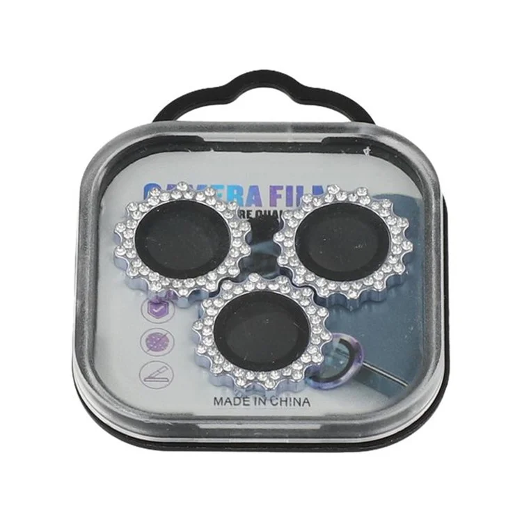1Set For iPhone 16 Pro / 16 Pro Max Camera Lens Protector Gear Shape Rhinestone Decor Tempered Glass Lens Film - Blue