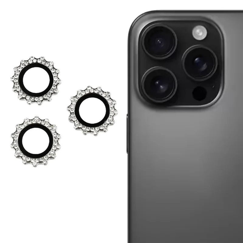 1Set For iPhone 15 Pro / 15 Pro Max Camera Lens Protector Gear Shape Rhinestone Decor Tempered Glass Lens Film - Silver