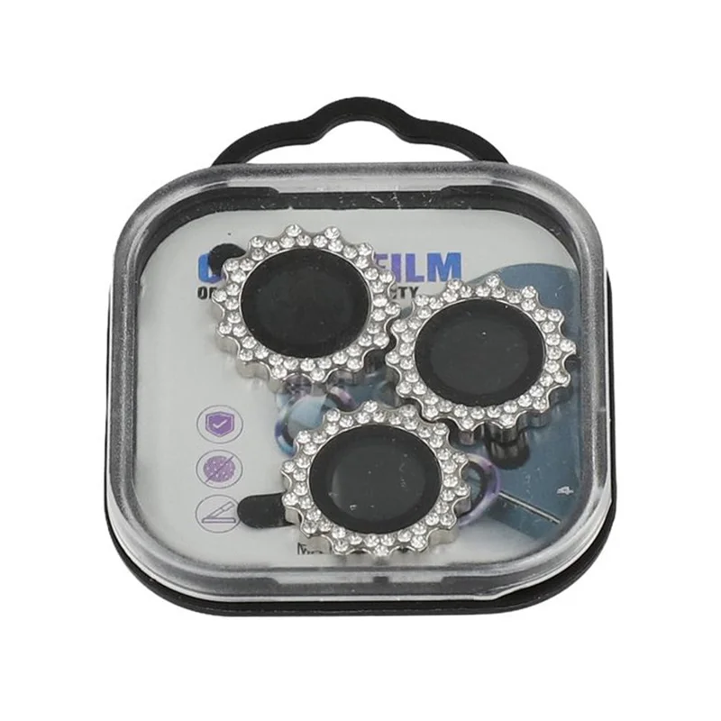 1Set For iPhone 15 Pro / 15 Pro Max Camera Lens Protector Gear Shape Rhinestone Decor Tempered Glass Lens Film - Silver