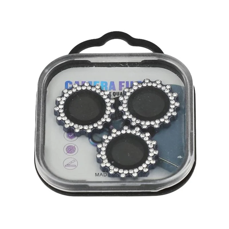 1Set For iPhone 14 Pro / 14 Pro Max Camera Lens Protector Gear Shape Rhinestone Decor Tempered Glass Lens Film - Navy Blue