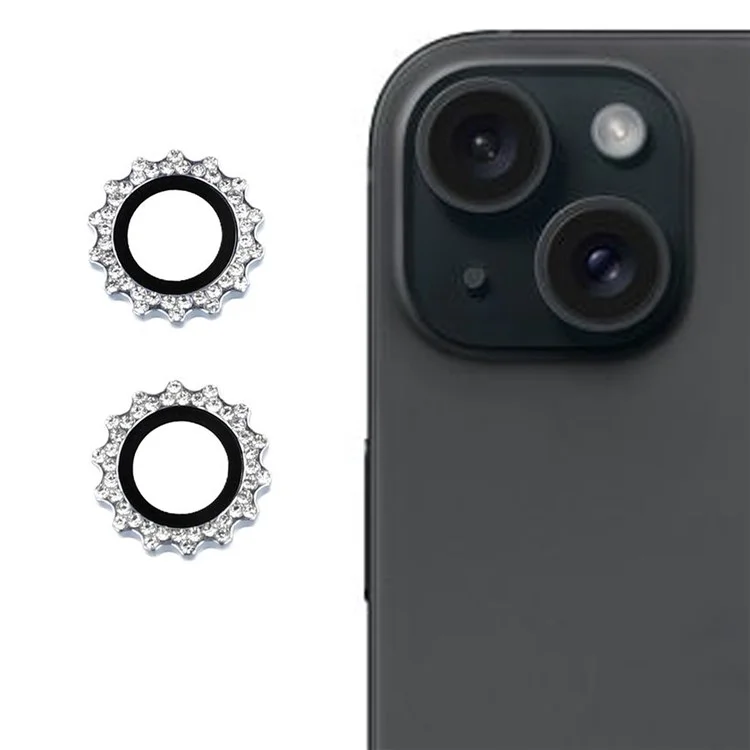 1Set For iPhone 15 / 15 Plus Camera Lens Protector Gear Shape Rhinestone Decor Tempered Glass Lens Film - Blue