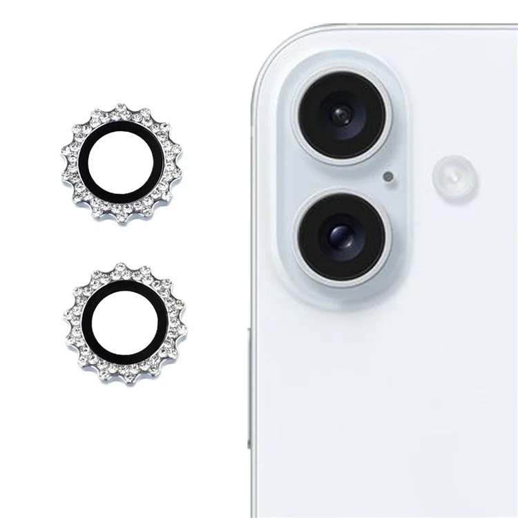 1Set For iPhone 16 / 16 Plus Camera Lens Protector Gear Shape Rhinestone Decor Tempered Glass Lens Film - Blue
