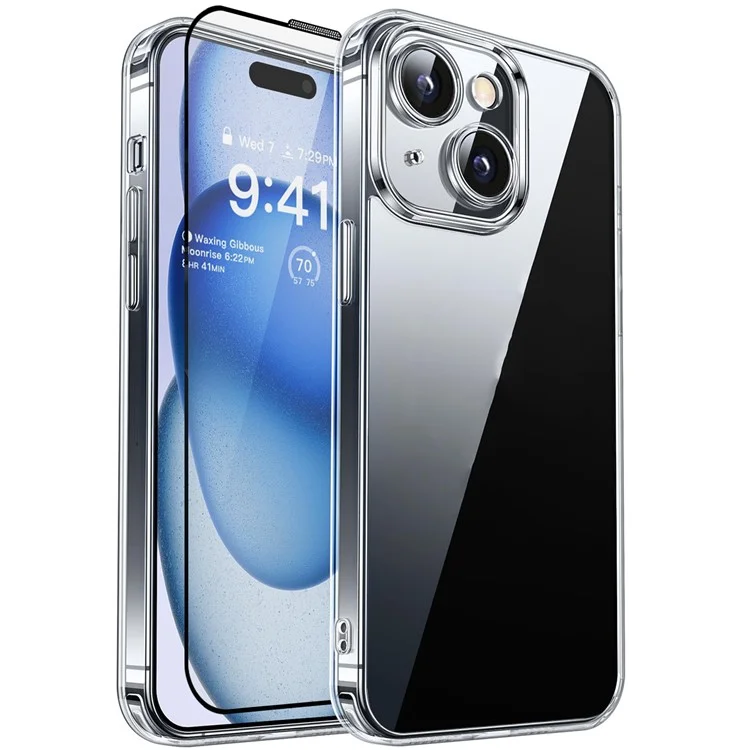 RURIHAI Per iPhone 15 Cover Trasparente in TPU con Installazione Facile e Pellicola in Vetro di Alluminio-Silicio di Alta Qualità