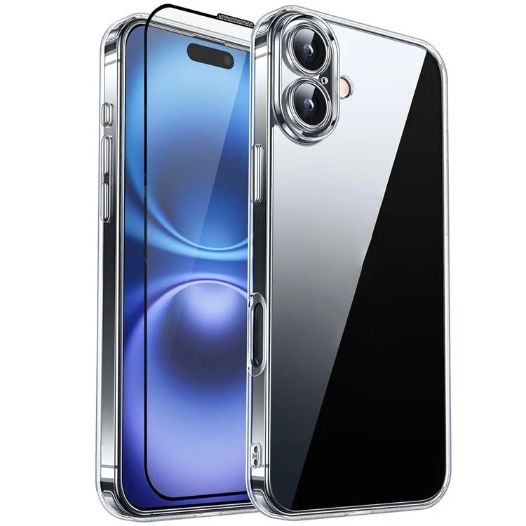 RURIHAI Per iPhone 16 Plus Cover Trasparente in TPU con Installazione Facile e Pellicola in Vetro di Alluminio-Silicio di Alta Qualità