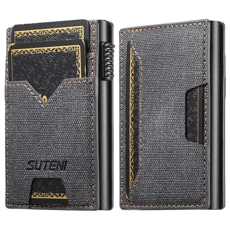 SUTENI Portacarte Reversibile Tessuto Jeans Texture PU Pelle + Metallo Automatico Pop-Up Porta Carte - Nero