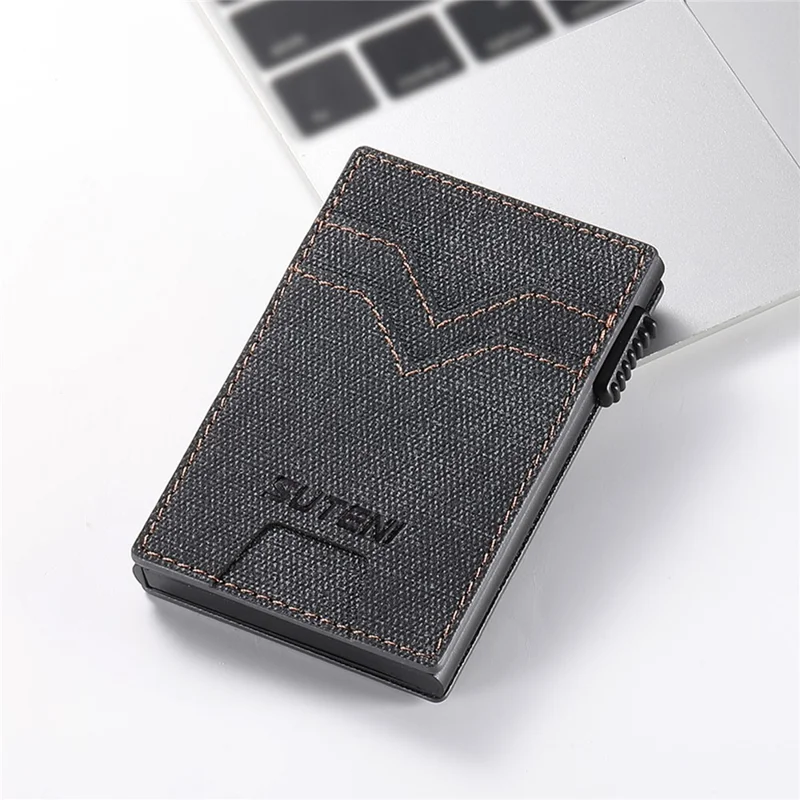 SUTENI Portacarte Reversibile Tessuto Jeans Texture PU Pelle + Metallo Automatico Pop-Up Porta Carte - Nero