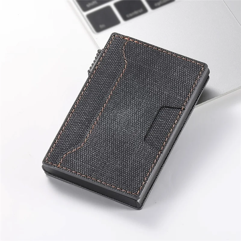 SUTENI Portacarte Reversibile Tessuto Jeans Texture PU Pelle + Metallo Automatico Pop-Up Porta Carte - Nero