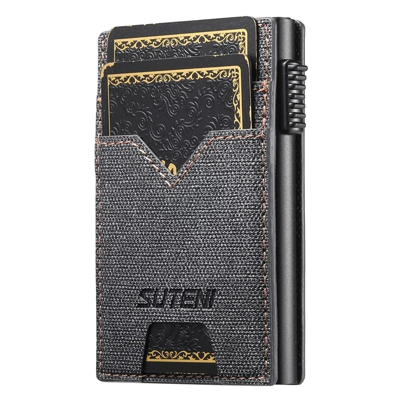 SUTENI Portacarte Reversibile Tessuto Jeans Texture PU Pelle + Metallo Automatico Pop-Up Porta Carte - Nero