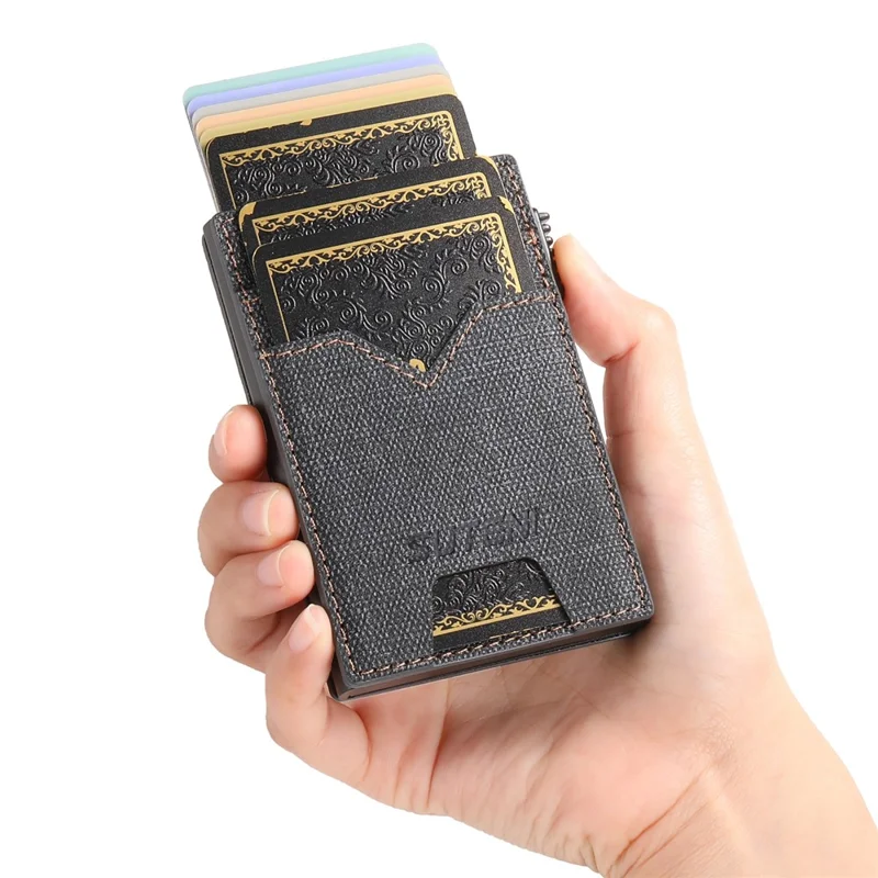 SUTENI Portacarte Reversibile Tessuto Jeans Texture PU Pelle + Metallo Automatico Pop-Up Porta Carte - Nero