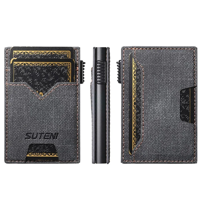 SUTENI Portacarte Reversibile Tessuto Jeans Texture PU Pelle + Metallo Automatico Pop-Up Porta Carte - Nero